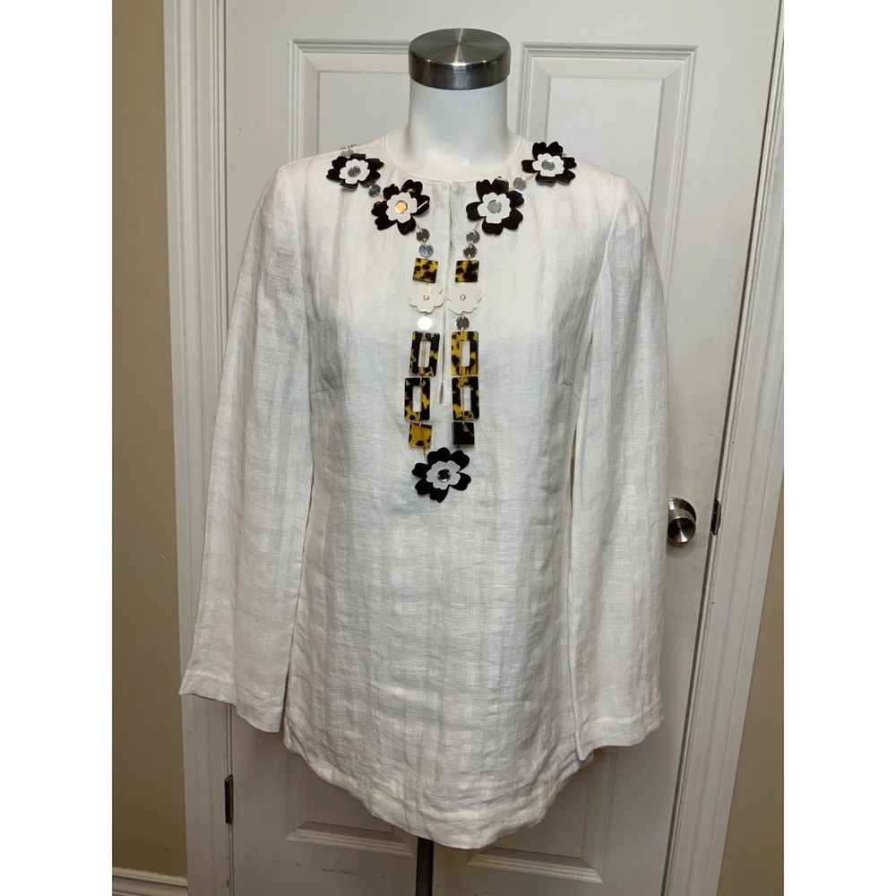 Tory Burch White 100% Linen Embellished Floral Tortoise Tunic Top Blouse Size 4